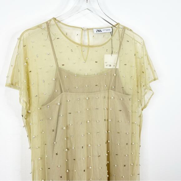 NWT ZARA Mesh Pearl Beaded Midi Dress XS/S Tan - Picture 4 of 7